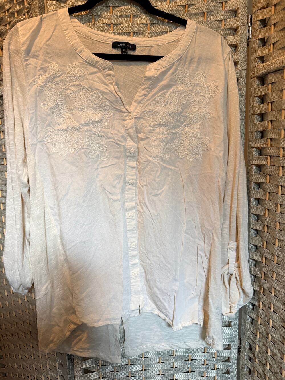 Verve Ami Women's XL Ivory Embroidered Tunic Blouse Roll Tab Sleeve Boho